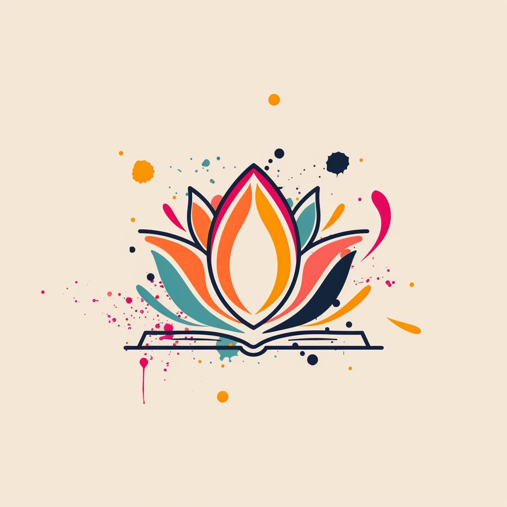 A flat minimalistic vector logo made of lines featuring a lotus and a book, simple shapes and lines, paint splatters, modern, 4 vibrant colors