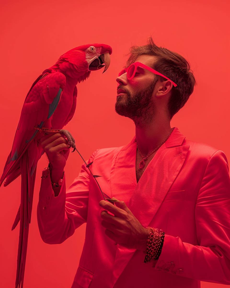 A man in neon crimson clothing and accessories holding a neon crimson parrot on a crimson background, natural light, fashion magazine cover style