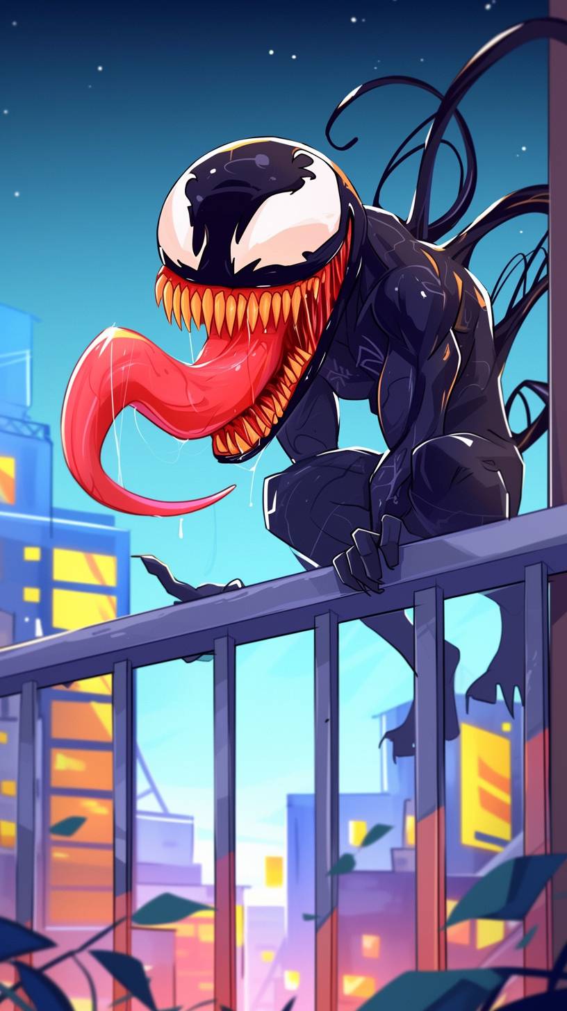 A cartoon of Venom in the style of Kenny Scharf, grotesque caricatures