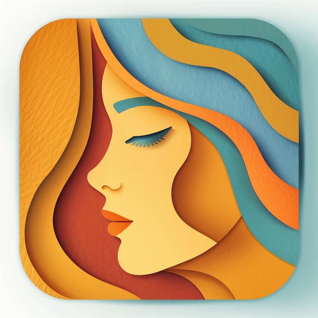 Mobile app icon depicting female face. Minimal vintage paper cutout style --v 6.0