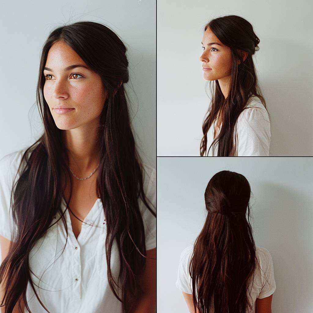A woman with long dark brown hair, caramel skin, and amber eyes in the style of chic photography, split into multiple different images shot from various angles and different expressions, against a white background, taken with Kodak Portra 160 --v 6.0.