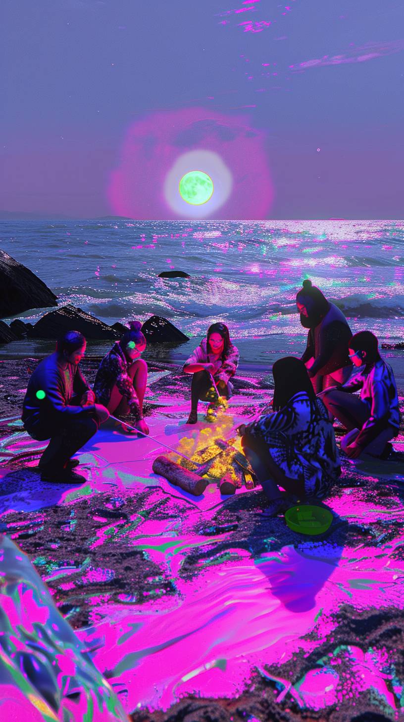 A group of friends gathered around a bonfire on a moonlit beach. They are roasting marshmallows and laughing. In the style of a vintage photograph.