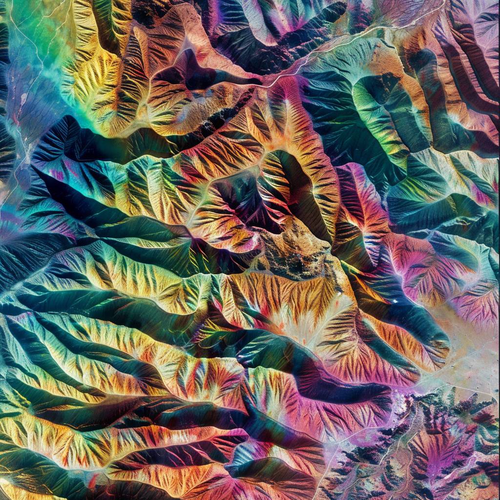 Satellite footage of rainbow-hued mountains in Zhangye National Geopark. Top view from space --stylize 75 --v 6.0