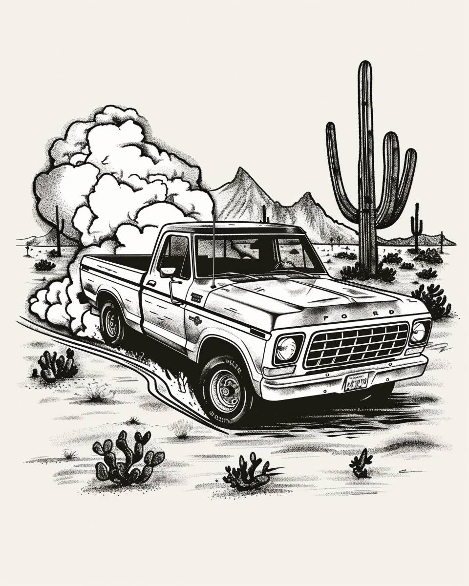 この写真のスタイルを使用して、キャクタスの生えた砂漠を走る1971年式フォードF100を、煙を上げながら1970年代のアメリカの美的センスを持つ、木版画のスタイルでインクのイラストレーションにし、黒と白で、米色の背景に配置します。