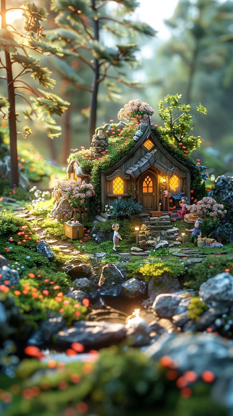Camping in the forest, a 3D miniature scene of a tent surrounded by pink and white flowers and green trees, with children playing. The miniature landscape features a green grassland background, with axis shifting photography effects and ultra clear details. The dreamy fantasy realism style scenes are rendered using wide-angle lenses and depth of field, creating an octagonal paper art illustration style with blurred foreground.