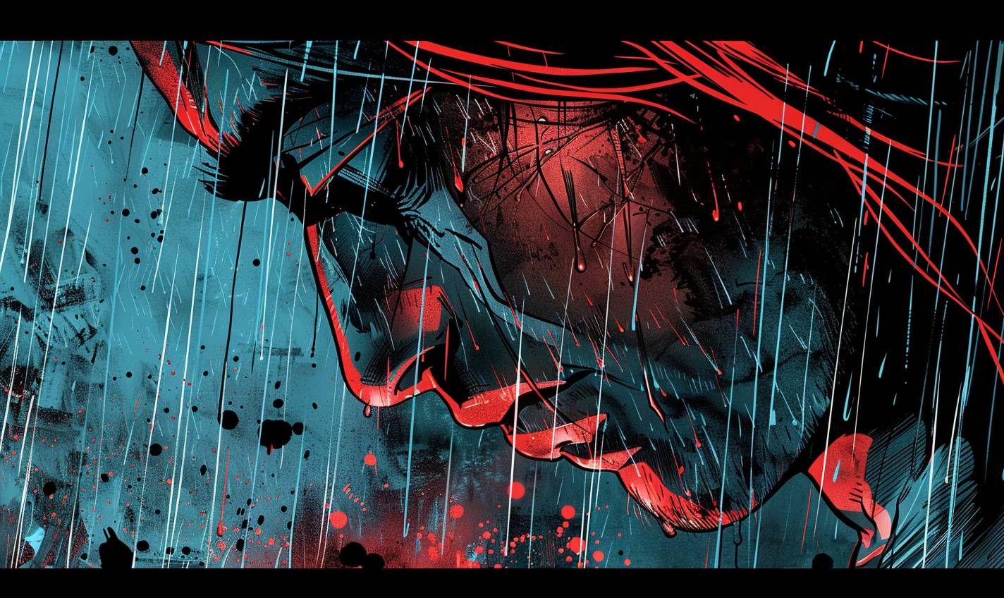 Dark and dramatic close-up manga comic-strip illustration by Frank Miller. Red and blue hues