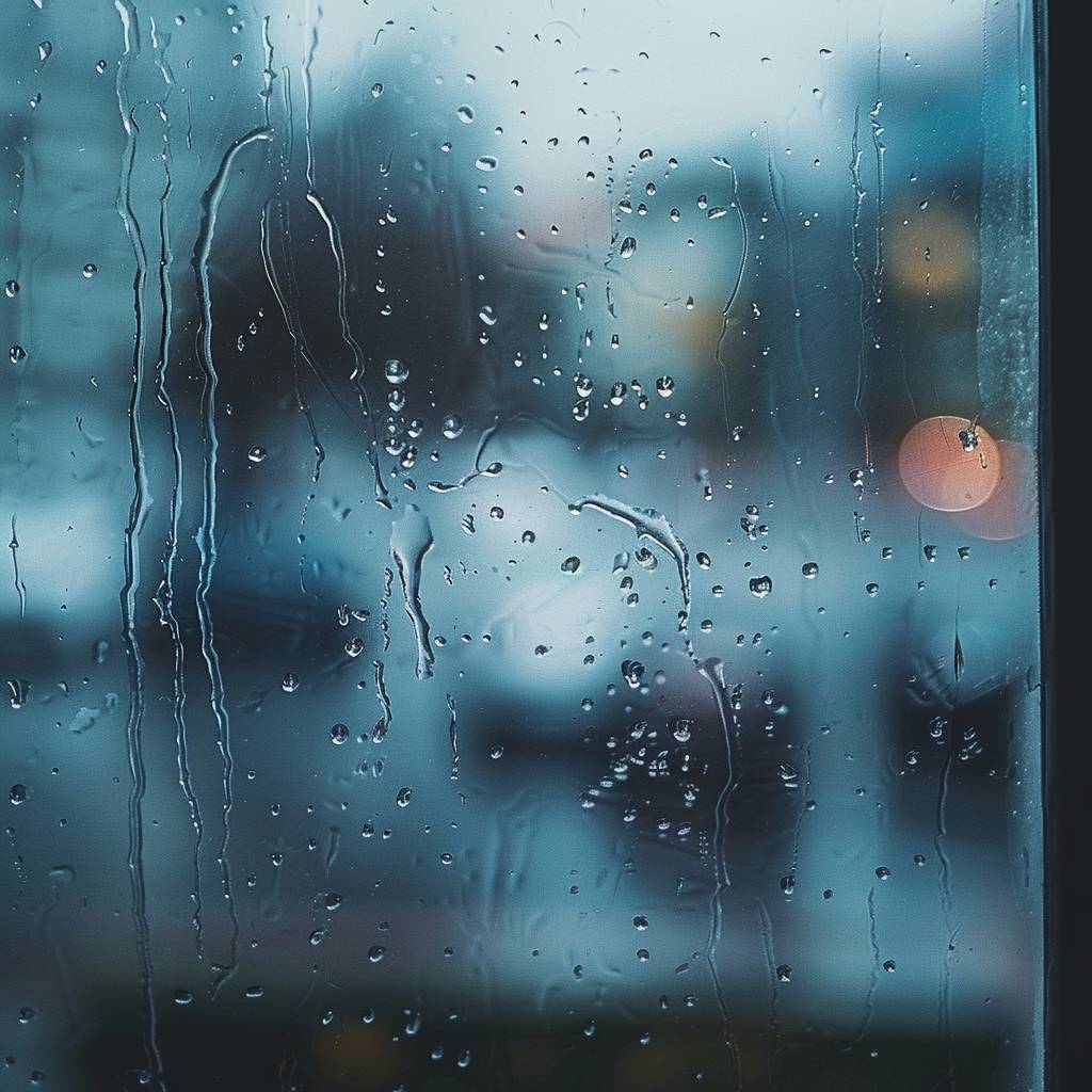 雨の降る霧のかかった日にガラス窓の写実的な画像。窓には水滴がたくさんついています。中央には[会社]のロゴがシンプルな形で描かれています。この形状は水滴が自然に滴るかのようであり、雨の日のリアルで自然な雰囲気を増幅させています。ガラスの向こうの背景にはぼやけた雨の景色が広がり、画像全体の雰囲気に貢献しています。雨と霧の背景は雨の日のリアルさを高め、テキストははっきりと見え、窓の中央に位置しています。