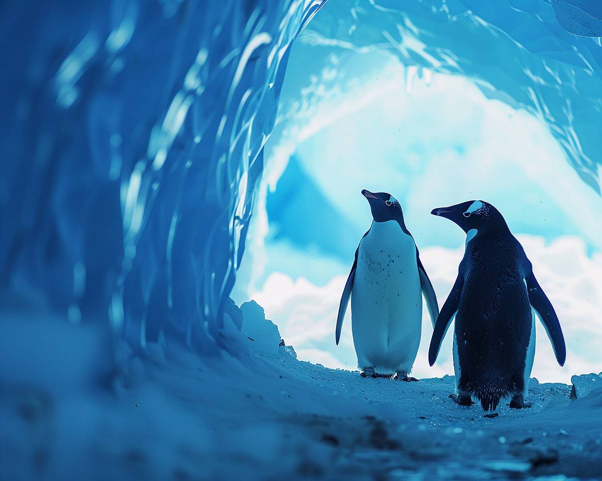 ミニマリスト写真、氷の洞窟、ペンギン、青い色合い、柔らかいコントラスト