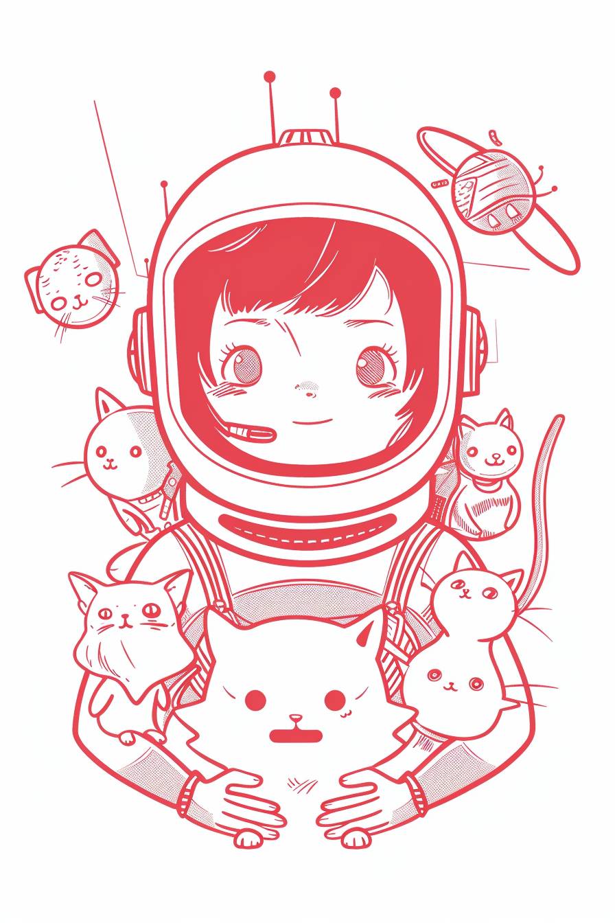 A manga-style illustration of an Astronaut with multiple eyes and mouths, surrounded by 6 cute creatures. The background is white, creating contrast against the red outlines. Simple lines are used to capture her expressions and textures in detail. The illustration is in the style of multiple artists. flat illustration, minimalist, white and red palette, cute style.