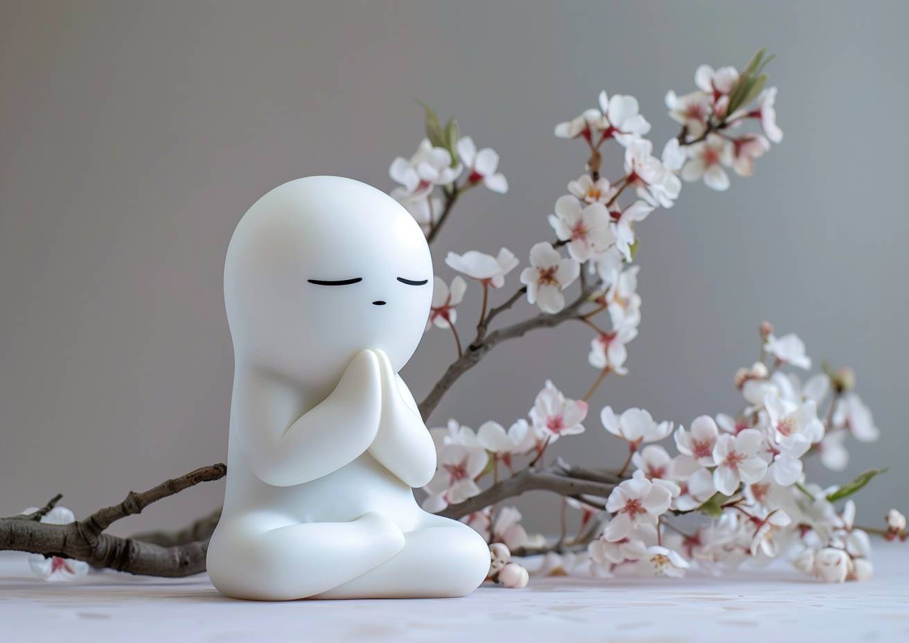 Ghastly glitchpunk white Teru Teru Bozu doll, in praying position, blossoms, minimalism