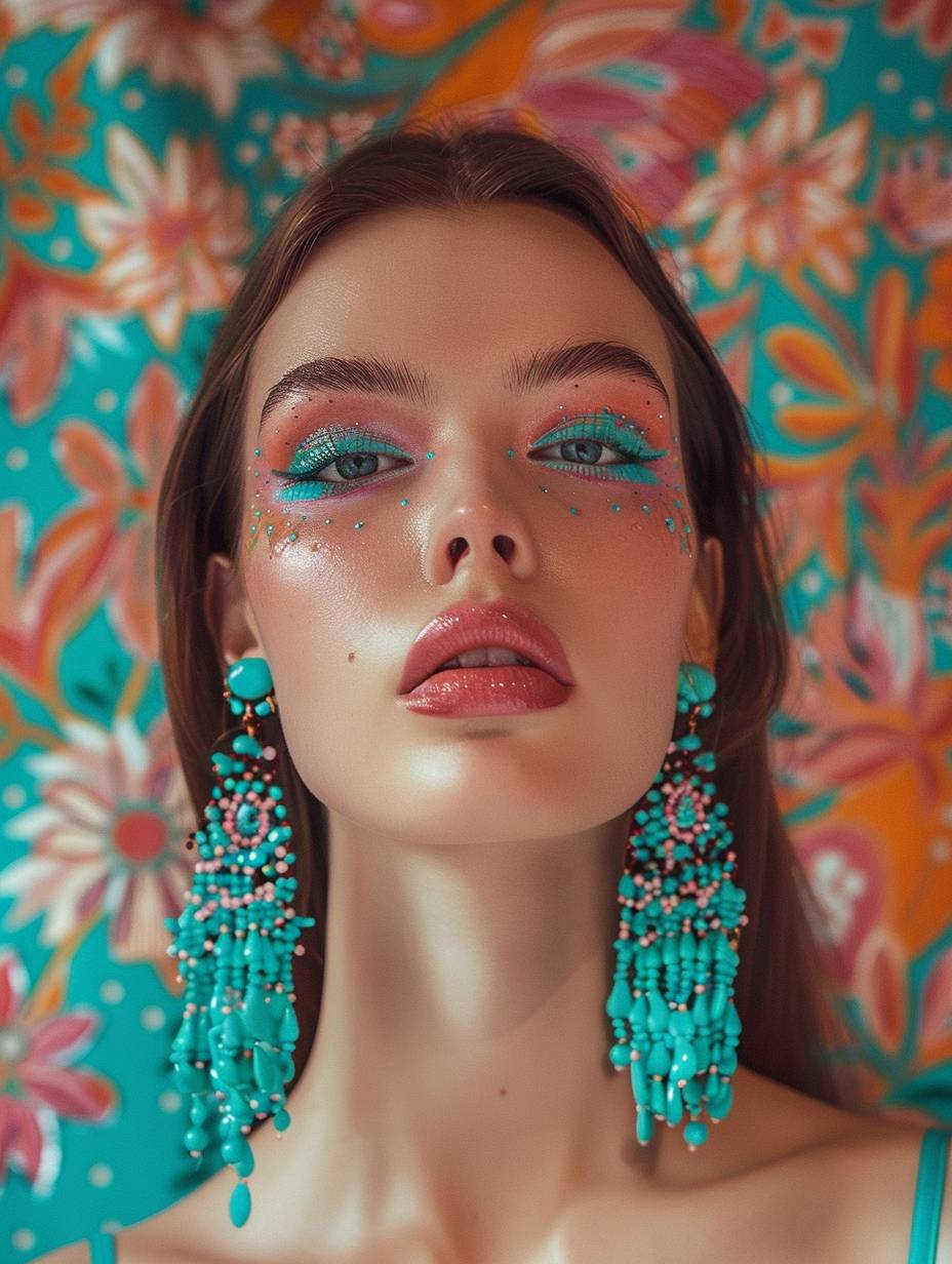 A beautiful girl with makeup and turquoise earrings made of beads stands against a background of psychedelic floral patterns. She has pink lips, turquoise eyes, white skin, and long brown hair. The photograph captures her with perfect lighting.