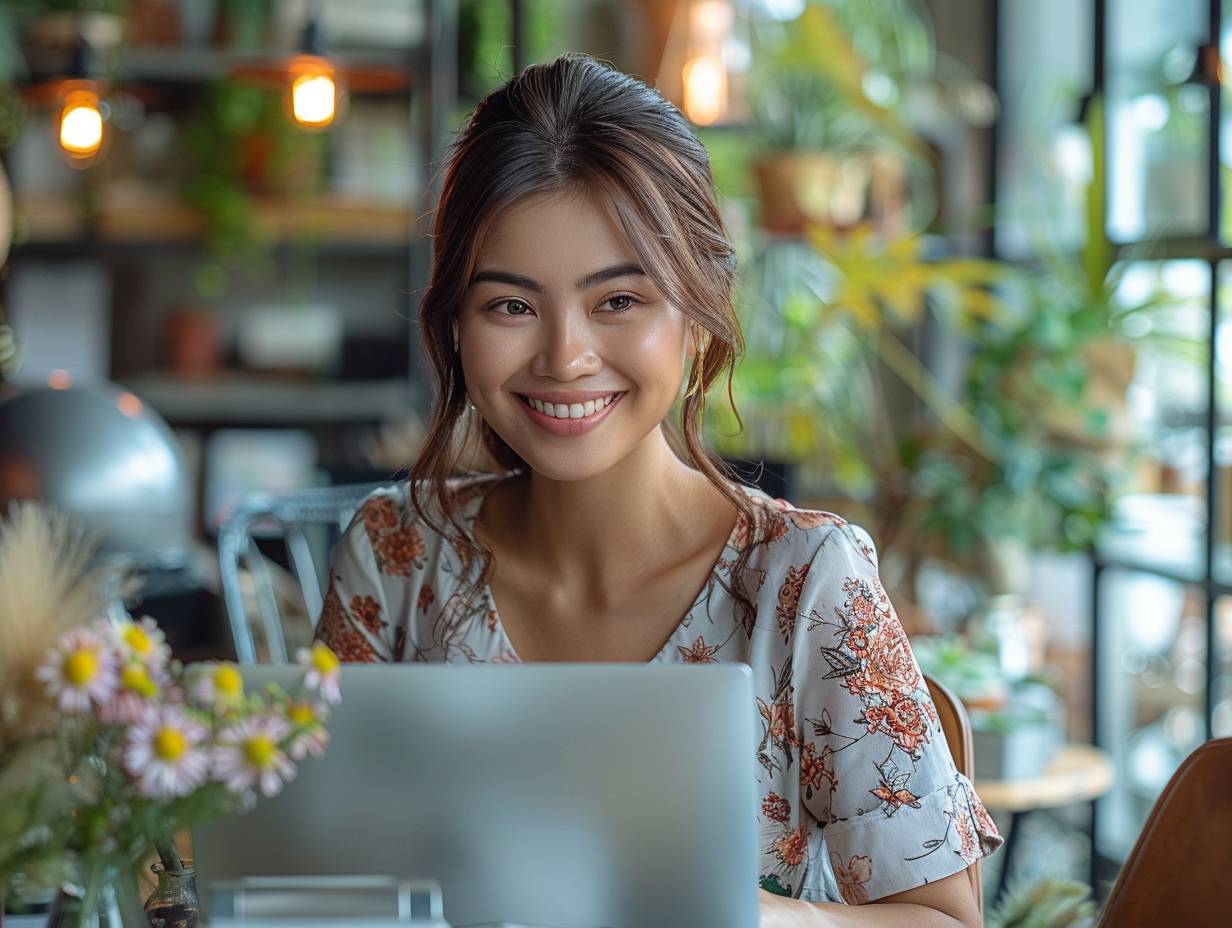 A Filipino woman in her late 20s, working as an executive assistant, dressed in office clothes, smiling brightly and working diligently on her laptop, exuding a serene and relaxed expression, with her eyes open but looking down a bit, not looking at the camera.