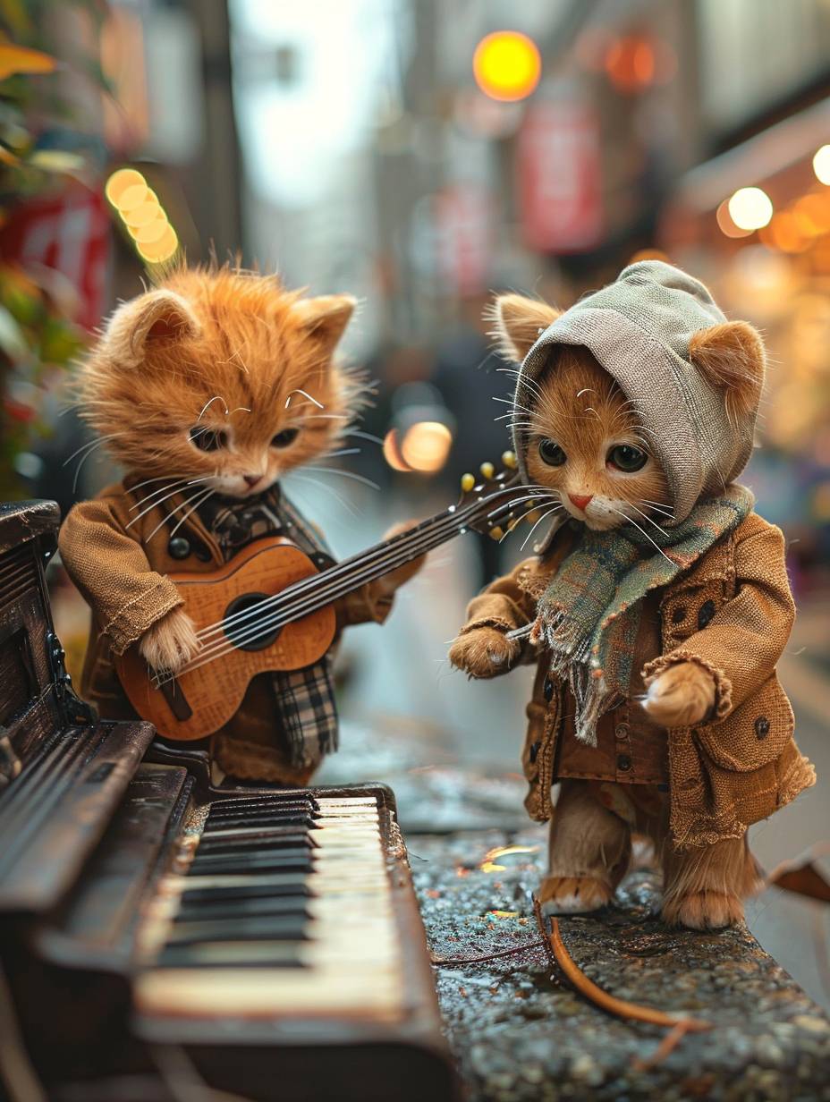 Two kittens, wearing casual clothes, are playing guitars on a crowded street, one is playing the piano. They play the musical instruments as if they were real humans. Others pass them by. Plush doll art, photo taken by Sony A7R5, shot on 35mm, imitated materials --ar 3:4 --stylize 250 --v 6.0