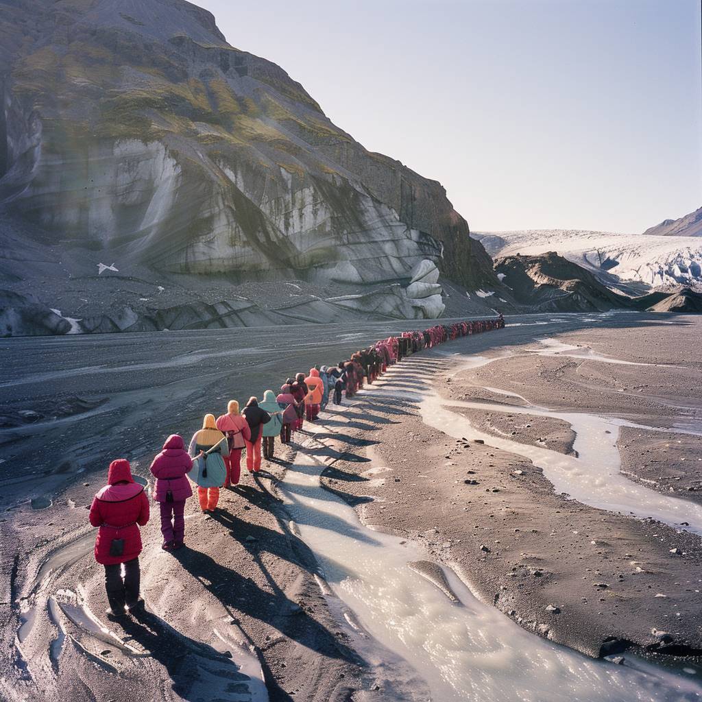 アイスランドでスカーレット・フーフト・グラフラントがパフォーマンスを演出した超現実的な風景を想像してみてください。氷と岩の広大で不毛な景色に、ビビッドで対照的な色の衣装を着た一団のパフォーマーが氷河上に人間の鎖を形成しています。太陽が長い影を投影し、異次元のような雰囲気を演出しています。このイメージはライカM10を使用して捉えられ、鮮明な対比が際立っています。