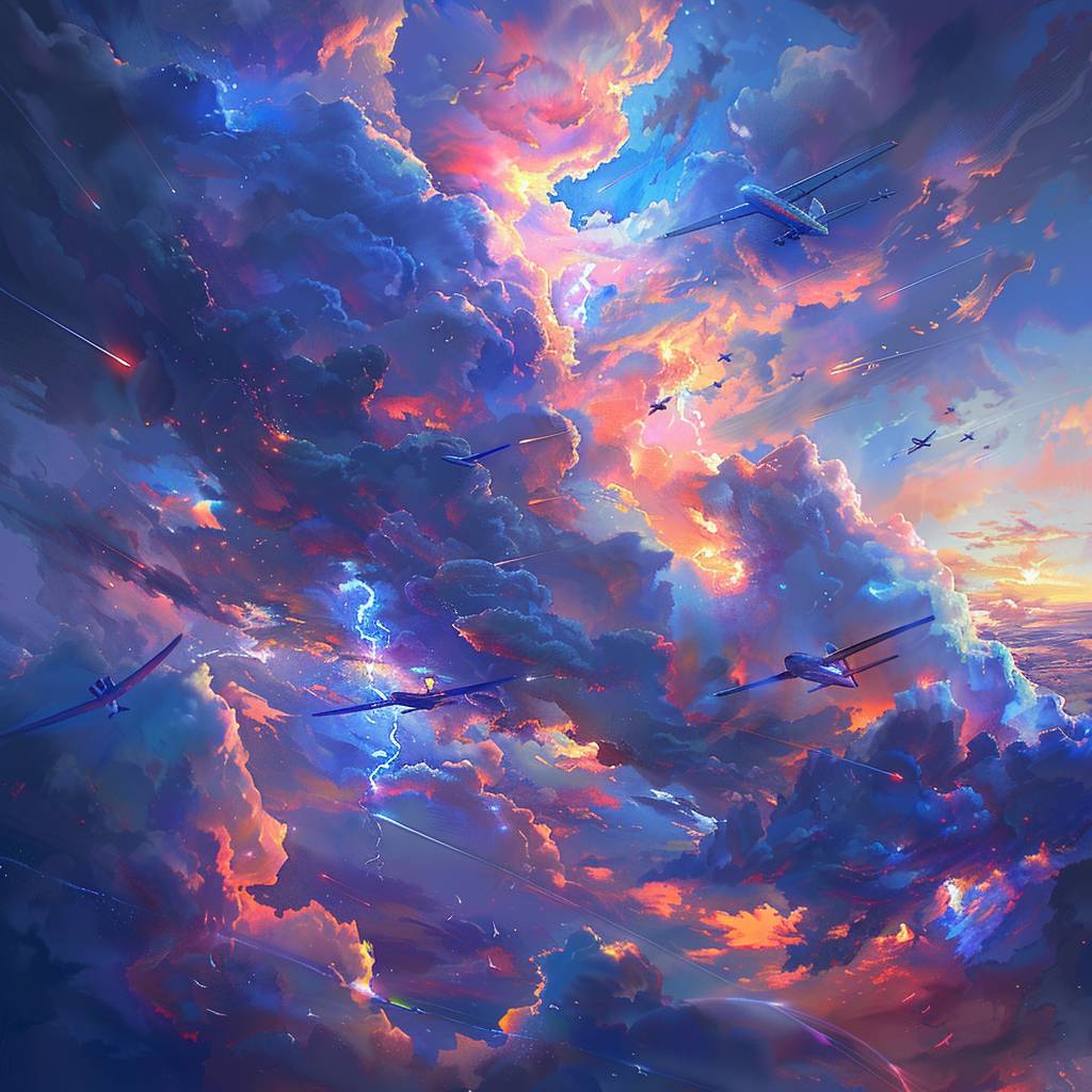 A cloud with several airplanes flying around on top, in the style of detailed fantasy art, nightcore, quiet moments captured in paint, radiant clusters, i cant believe how beautiful this is, detailed character design, dark cyan and light crimson
