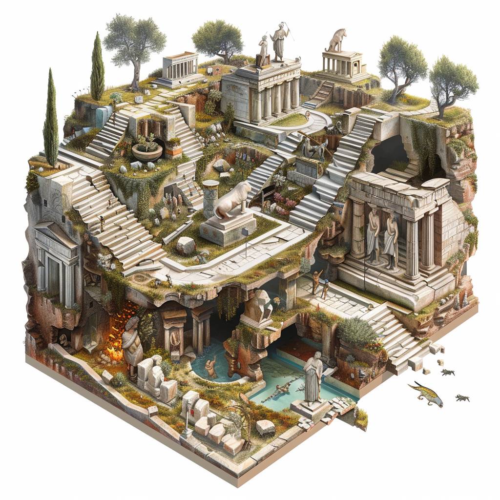 古代ギリシャの神殿、彫像、オリーブの木々が立ち並ぶ風景の等角図。神話の生物や秘密の部屋を示す立体断面図。白い背景に孤立したデジタルアート、Octane Render --v 6.0