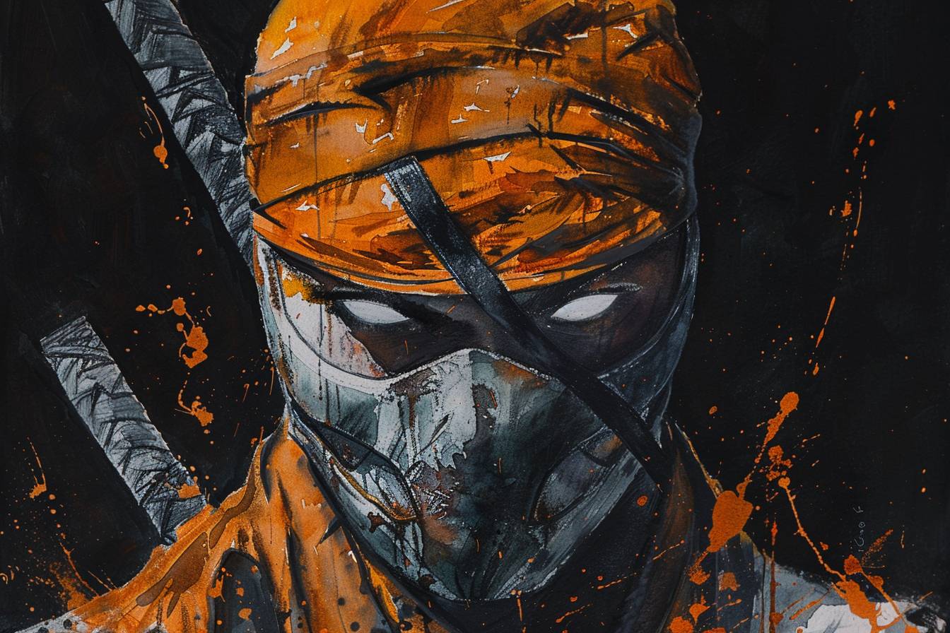 Earthy orange and silver ninja, watercolor, wet-on-wet blending, black background