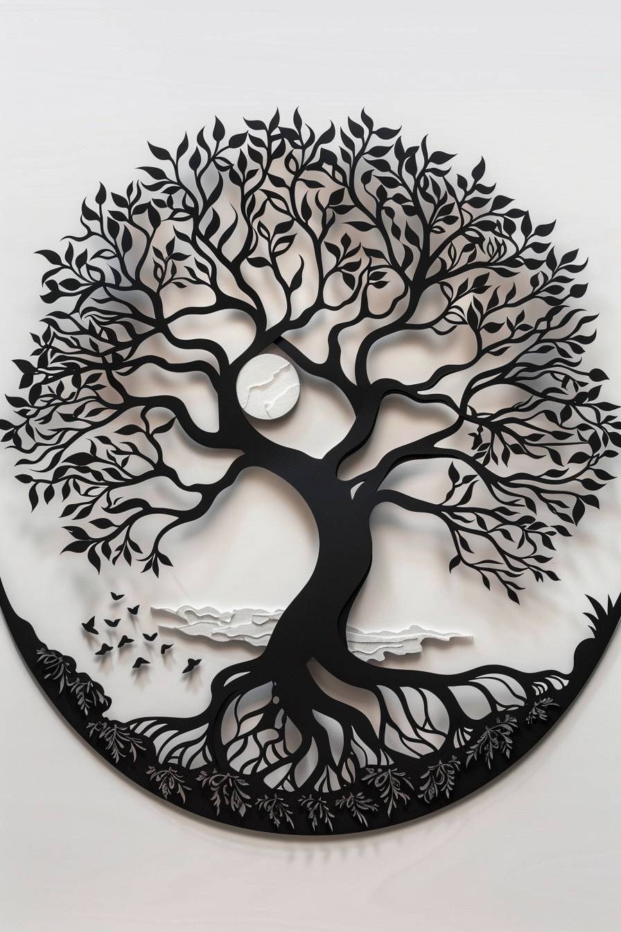Design a framed sign using papercut art, be creative, with a theme of tree of life.