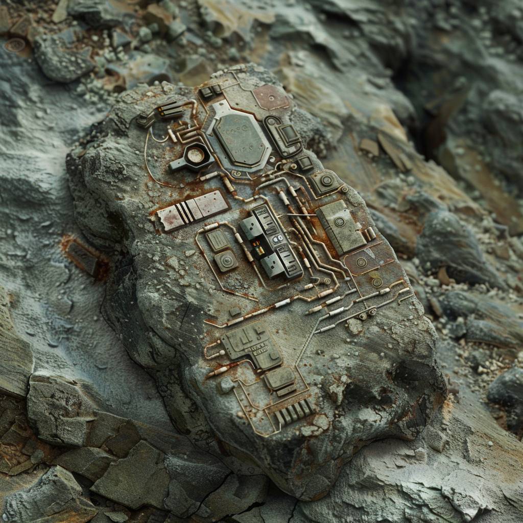 Hyper-realistic image of a [subject] embedded in rock, highly dirty, showcasing obsolete modern technology resembling a fossil, covered in dust and weathered, with a worn appearance. HD, ultra-realistic, high-quality image.