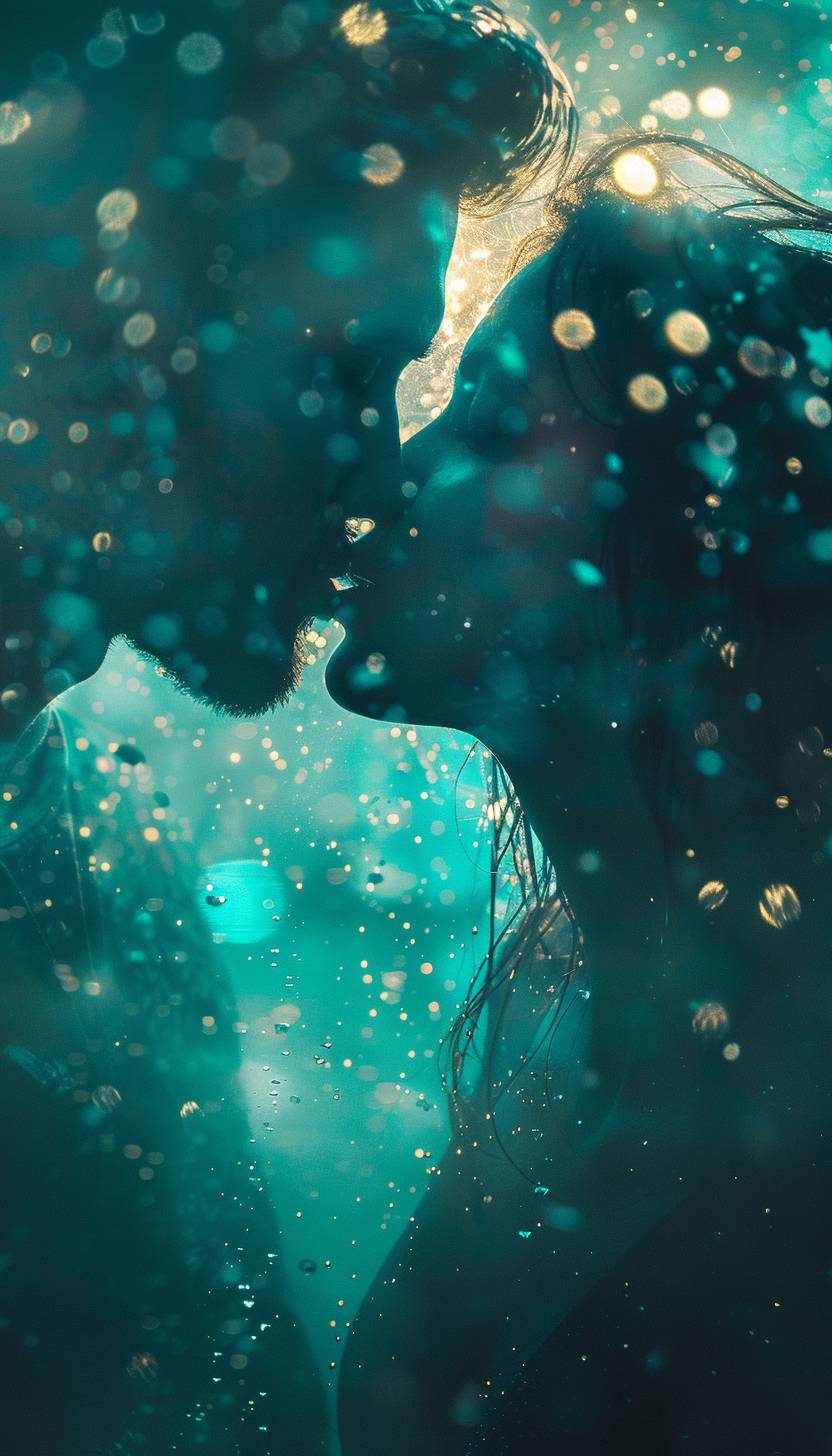 A teal iridescent image of two lovers kissing, in the style of dark romantic, close-up shots, glitter, bokeh, distressed edges, high-key lighting, clean and minimalist, studio photography