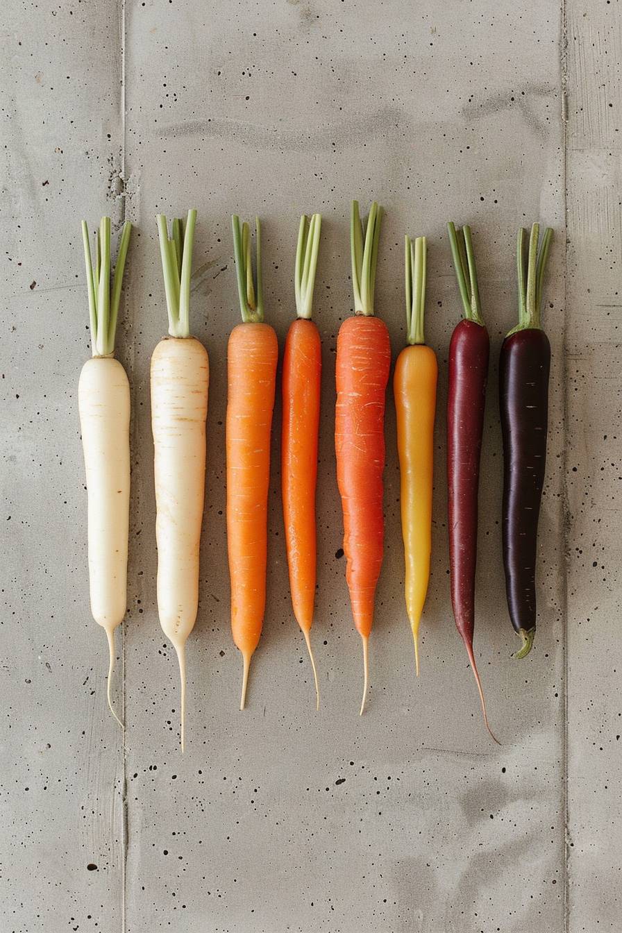 果物や野菜の整列写真。