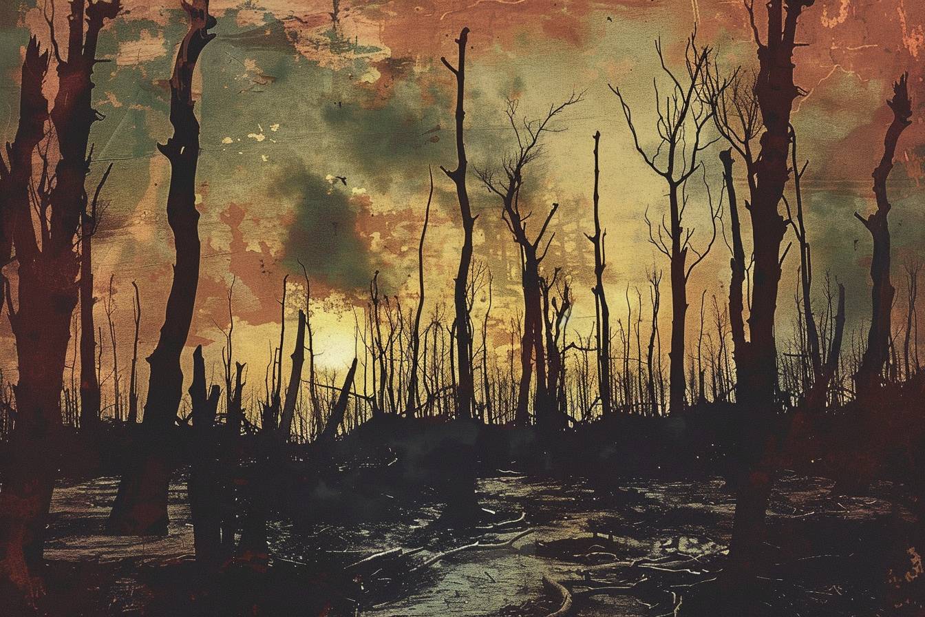 In the aftermath of a cataclysmic event, a desolate landscape emerges, with charred trees standing as grim sentinels. The scene is rendered in a striking graphic novel art style, with a deep, emotive color scheme and dramatic studio lighting that heightens the sense of despair and loss.