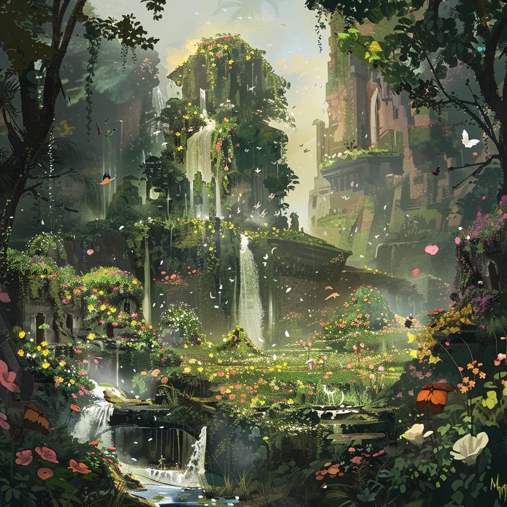 Explore the 'Enchanted Enclave' with [SUBJECT], a hidden sanctuary where [COLOR1] flora and [COLOR2] fauna coexist in perfect harmony, creating a magical realm untouched by time --v 6.0