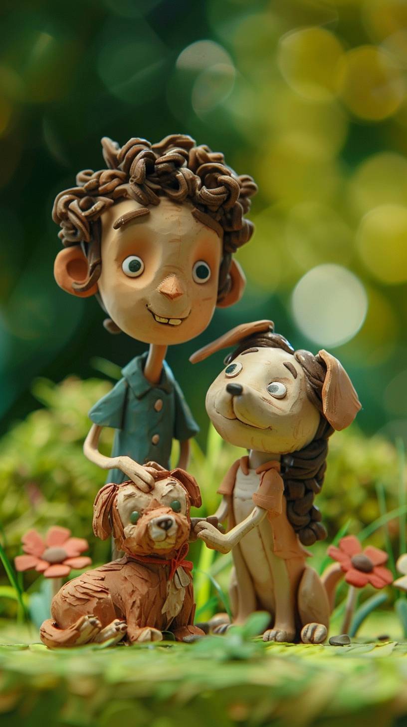 Cute young couple playing with their dog on the grass, casual. The season is summer. The objects and scenes are made of clay and have the texture of clay. Stop-motion animation style.