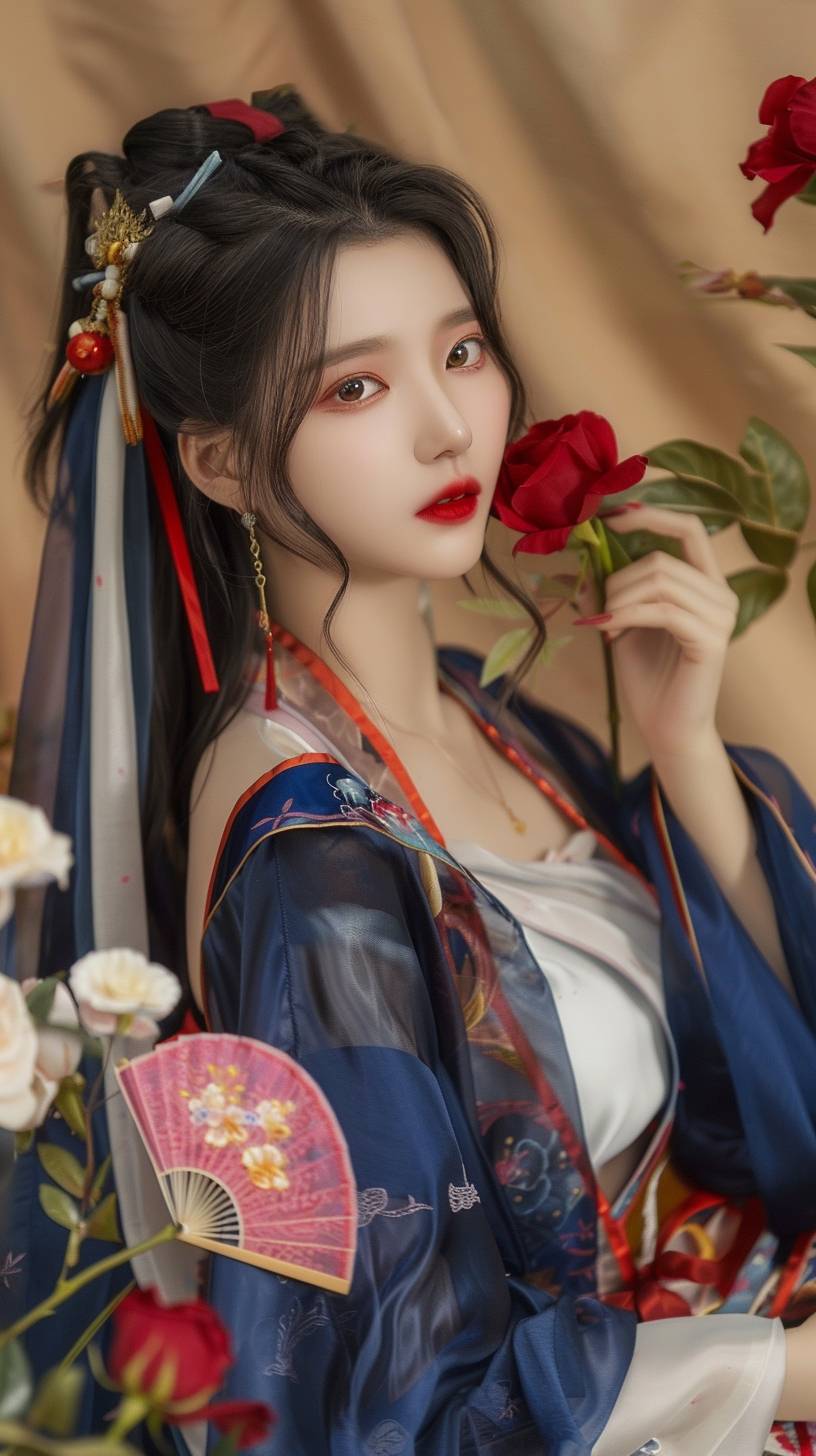 A close-up of an elegant beautiful girl holding red roses, wearing exquisite traditional attire with blue gauze fabric embroidered on the edge of a white cloth background, dynamic photography, long black hair draped over shoulders, red lips, smile, side view, a pink fan-shaped pattern scarf hanging around her neck, surrounded by flowers, a light orange color tone, Canon 85mm lens, light gesture