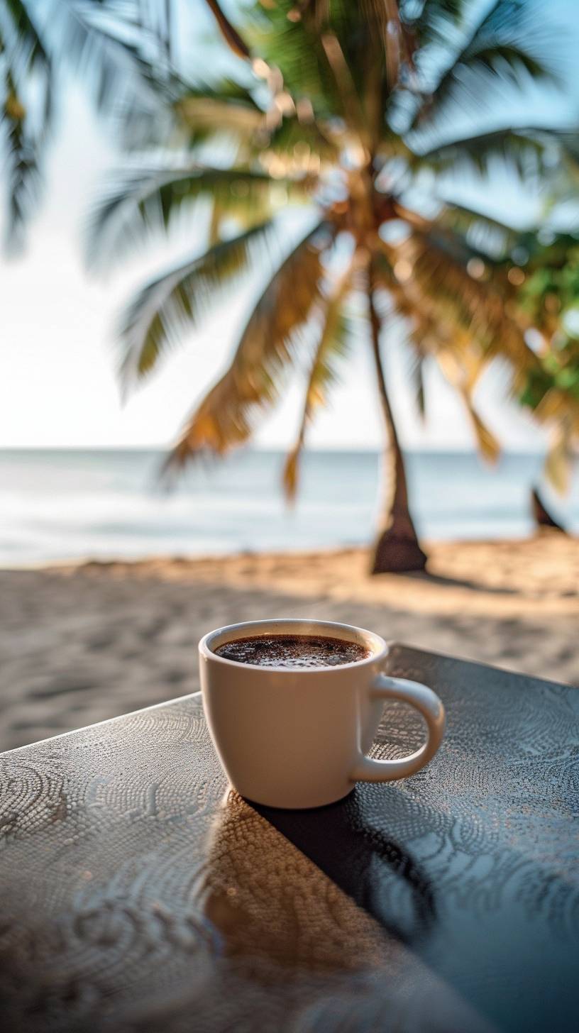 A white coffee cup filled with hot coffee, placed on a table by the beach. In the frame, there are coconut trees visible. It's around 9 o'clock, the sky is clear, the air is fresh, and there's a gentle breeze, creating a comfortable feeling. Sitting there, deep in thought, there's a sense of tranquility. The picture has a beautiful curved composition, taken with a Sony A74 camera using a Leica lens.