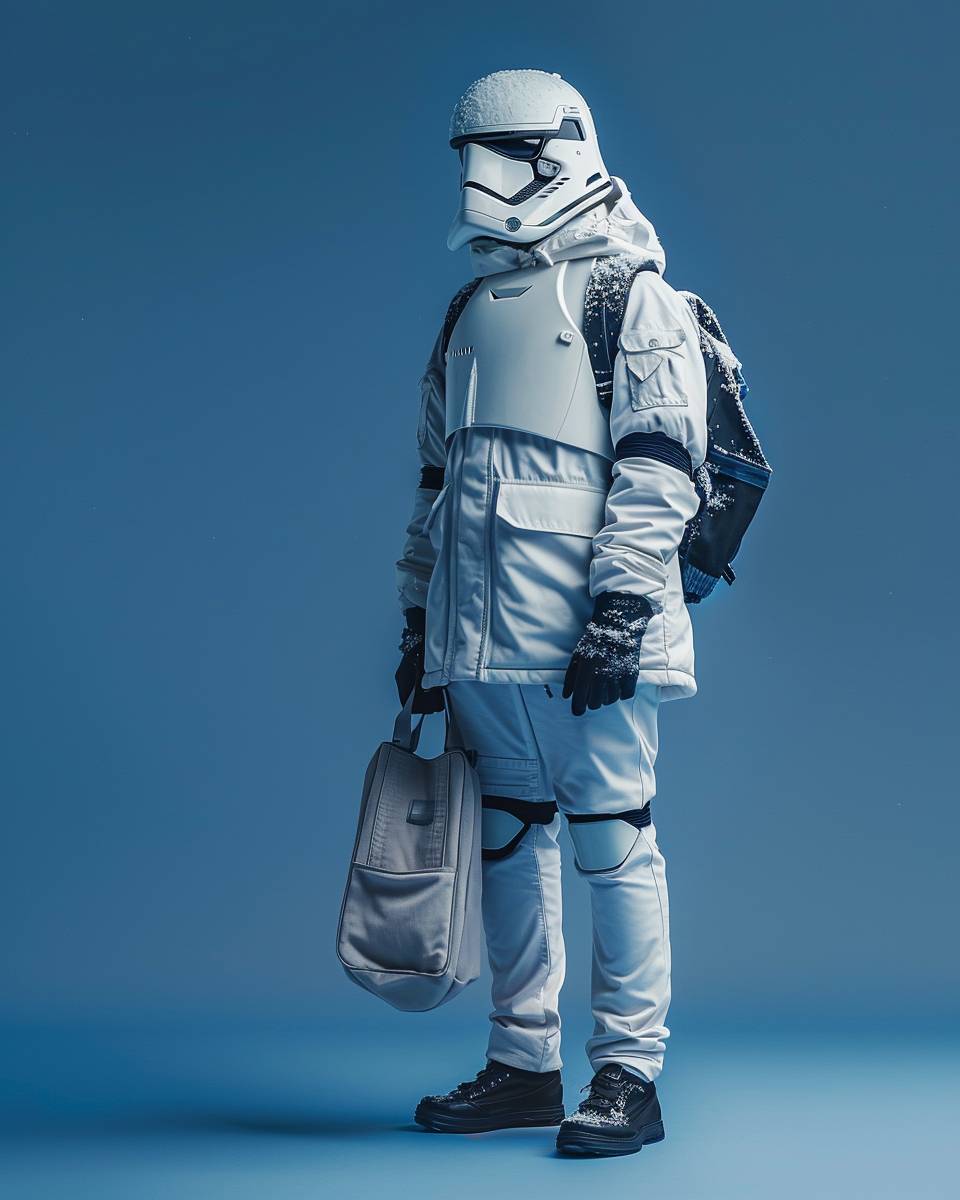 Fashion Portrait photography of a reimagined Stormtrooper from Star Wars with modern urban outfits, Medium shot, Canon EOS-1D X Mark III 4K, matte effect, blue monochrome studio background
