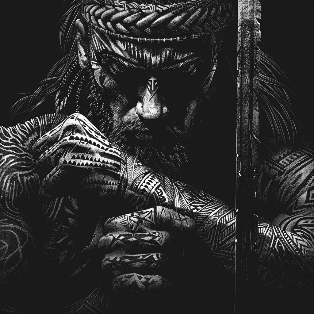 Black and white vector illustration of a fierce warrior with tribal tattoos, wearing a headband with his hands gripping a sword, determined eyes, intricate patterns on skin, 3D grid lines, hyperdetailed, high contrast, high resolution, cinematic lighting