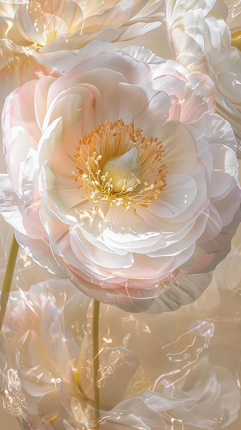 Ranunculus, bright and shiny background, transparency, gold, white, light pink, sparkling cherry petals dancing, artwork by Jeffrey Catherine Jones --ar 9:16 --style raw --v 6.0
