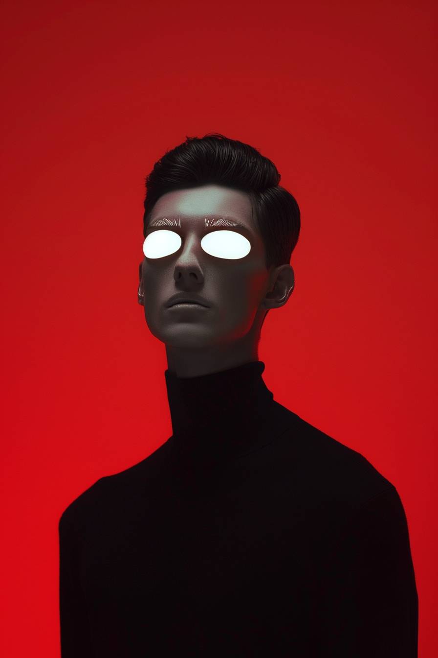 A surreal portrait of a minimalistic man with two white glowing eyes and long thin eyelashes, wearing a black turtleneck and posing in front of a red background.