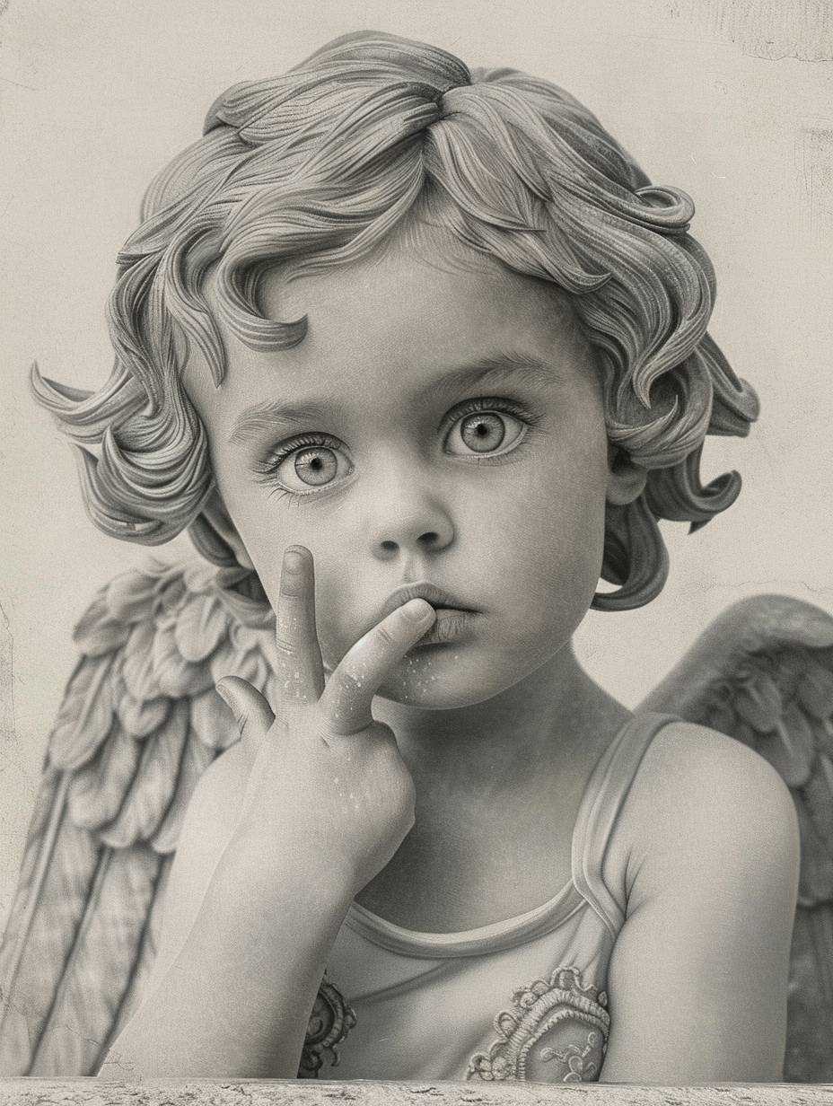 白黒のリアルなドローイングスタイルで、白い背景です。天使のような''大理石''でできた子どもの天使の像を表現したいです。翅を持ち、人差し指で''シー''としています。黒と灰色の鉛筆で描かれています。