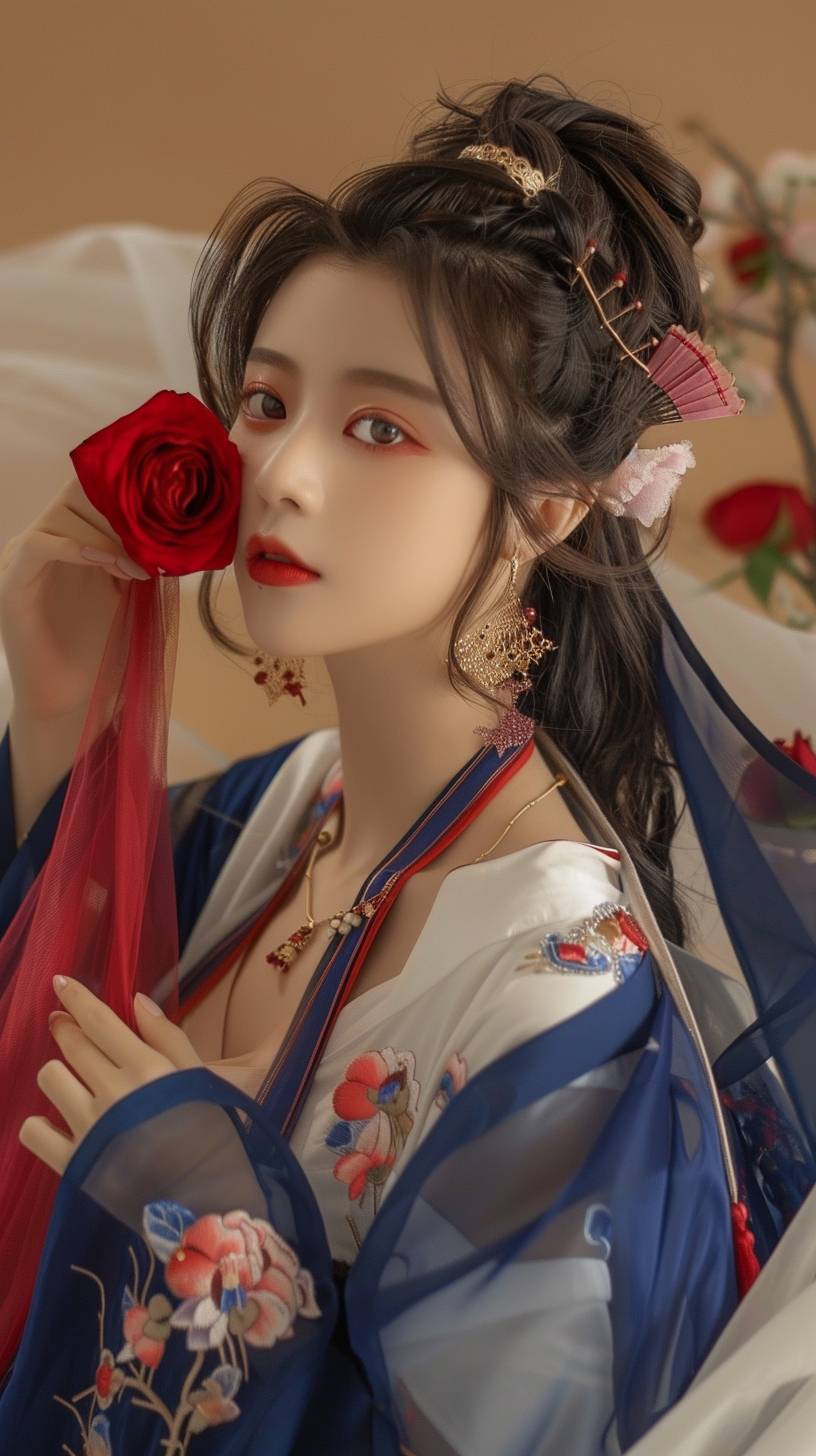 A close-up of an elegant beautiful girl holding red roses, wearing exquisite traditional attire with blue gauze fabric embroidered on the edge of a white cloth background, dynamic photography, long black hair draped over shoulders, red lips, smile, side view, a pink fan-shaped pattern scarf hanging around her neck, surrounded by flowers, a light orange color tone, Canon 85mm lens, light gesture