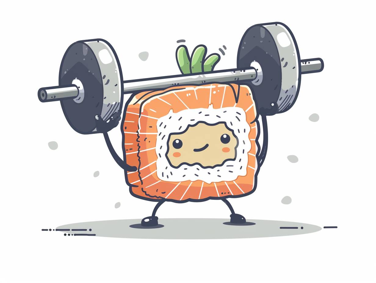 Vector art of sushi doodle character fitness with weights exercise, athletic pose, isolated on white background luxury minimalist