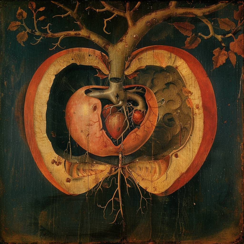 Hieronymus Bosch's painting depicting the insides of an apple with an anatomical half-human heart