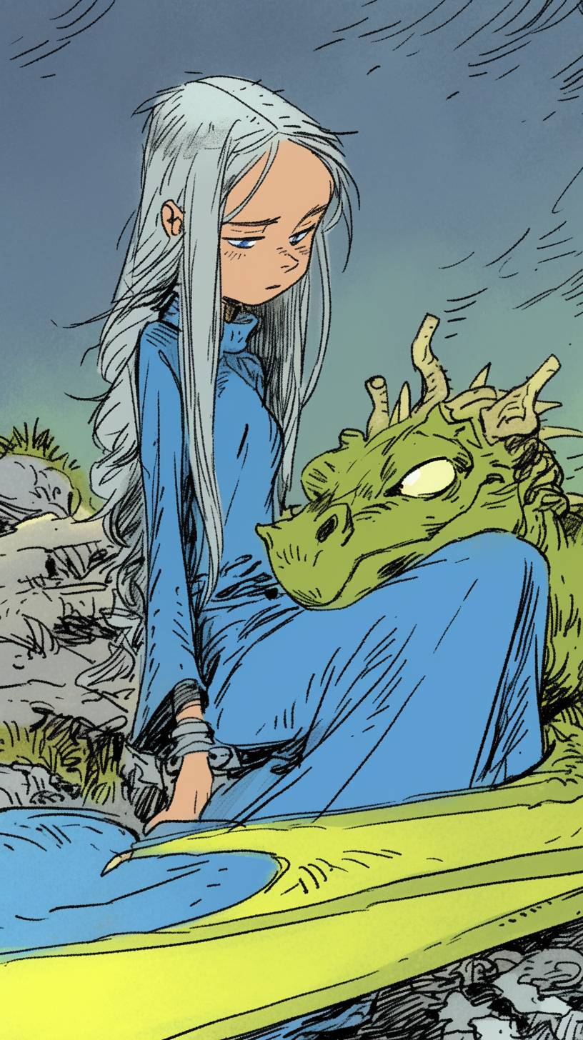 A young woman with long silver hair and a determined expression, seated beside a small dragon with large, expressive eyes. The woman wears a flowing blue dress while the dragon is a vibrant shade of green. The background is minimally detailed, with a few scattered rocks and tufts of grass. The style is simple and minimalistic, reminiscent of Allie Brosh's work, characterized by simple lines, flat colors, and a raw, unpolished feel. The aspect ratio is 9:16, and the overall tone is raw and unrefined, capturing a sense of simplicity and emotion.