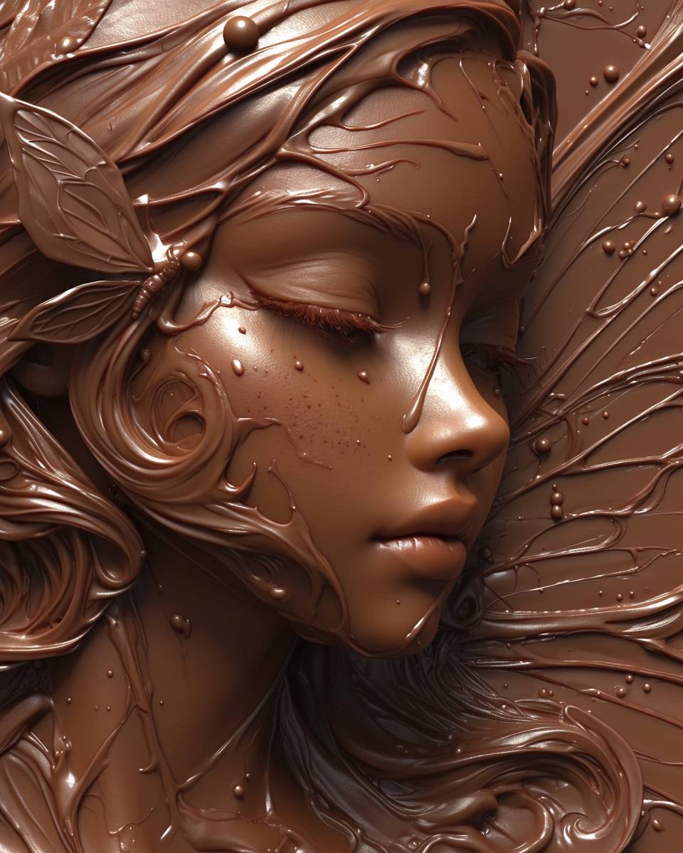 チョコレートフェアリーアート、チョコレート肖像、濃厚で滑らかなチョコレート、光沢のある質感、チョコレートレプリカ、チョコレート彫刻、ハイパーリアリスティックなディテール、食べられるアート