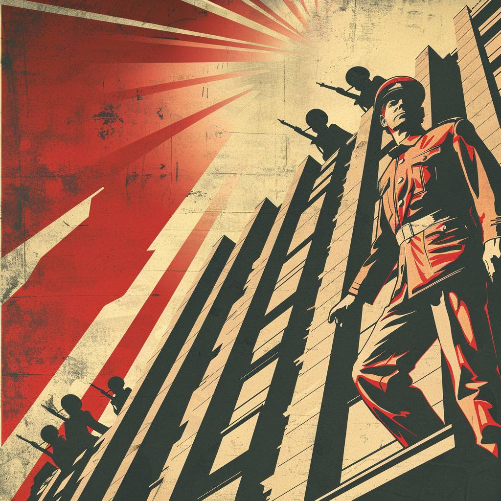 1930s brutalist propaganda poster in duotone colors