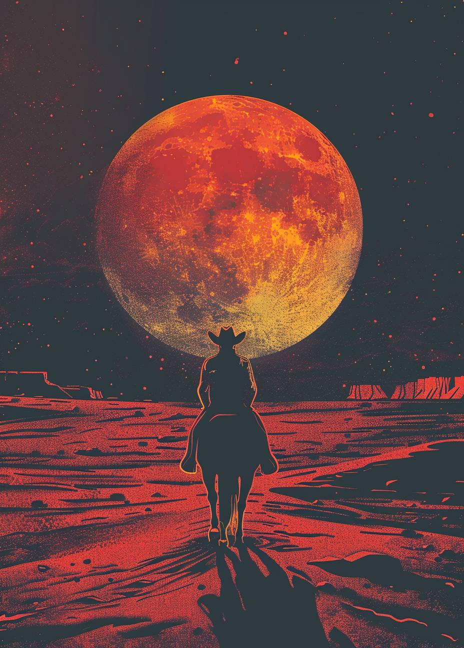 A cowboy riding his horse towards the moonlight, concept art by Moebius, illustration, creative, very minimalist, simple, vector, comic book style