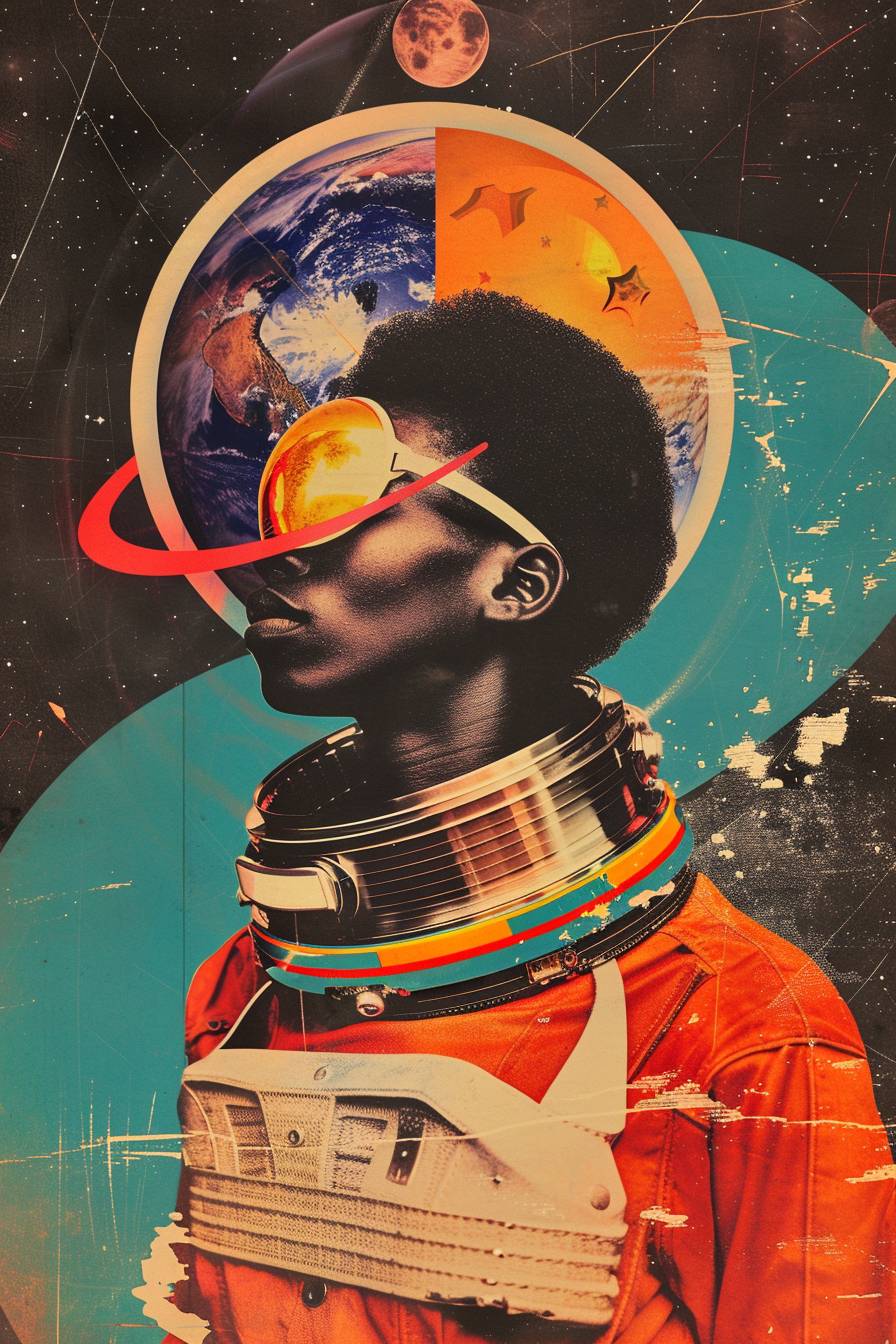 Afrofuturistic space pioneer. Magazine cover collage, bold graphic poster style
