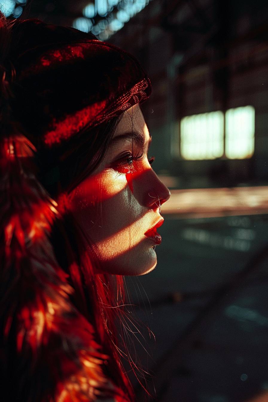 Close-up shot of a regal queen hiding in an industrial complex, gloomy, with rich and deep reds, with rays of light piercing through the canopy, shot on Fujifilm Velvia 50