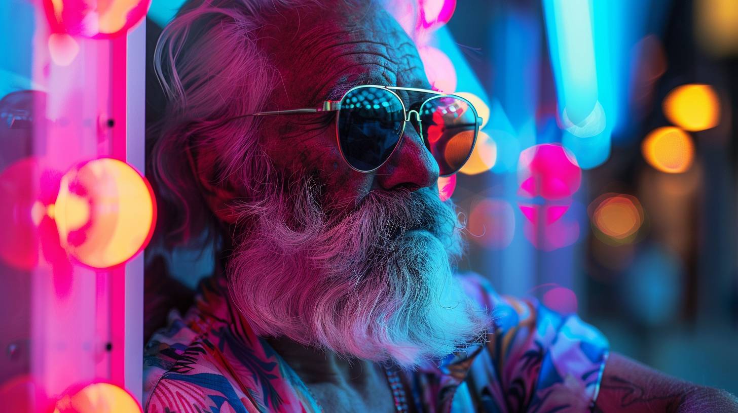 Old man in glamorous Neonwave 90s Miami Style