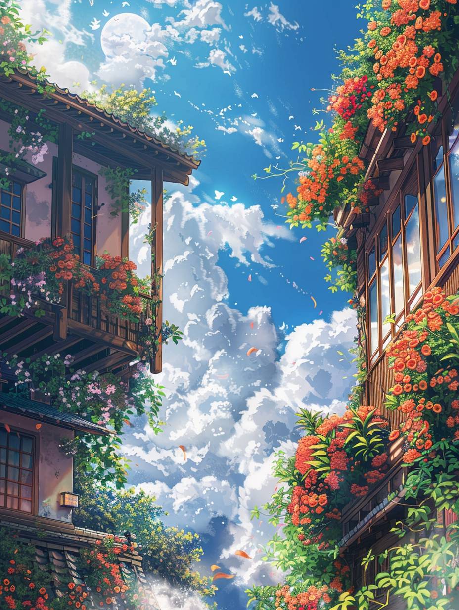 A charming depiction of a beautiful two-story courtyard with clean walls, floating on clouds. The garden is filled with vibrant flowers under a bright blue sky with white clouds and misty surroundings. The scene captures the magic of Studio Ghibli, with a focus on nature's beauty and the elegance of the courtyard. The colors are bright and the details are meticulous, creating a harmonious and serene image. Created using colored pencils, vibrant and soft colors, intricate detailing, Miyazaki's enchantment, pastoral atmosphere, hand-drawn precision, storybook quality, harmonious composition, HD quality, natural look.