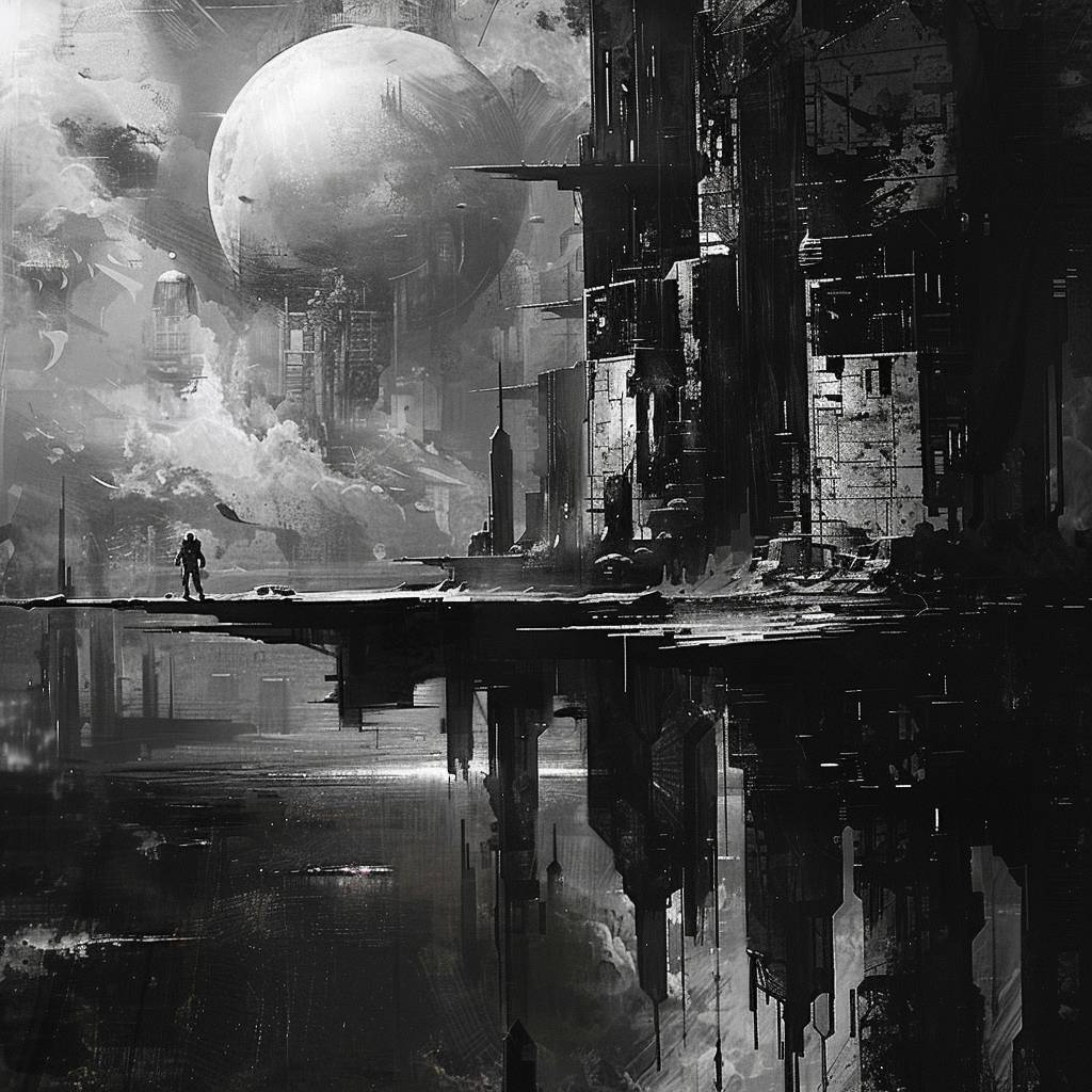 Predominantly black and white. The palette is stark and moody, contributing to the futuristic and historical fusion.