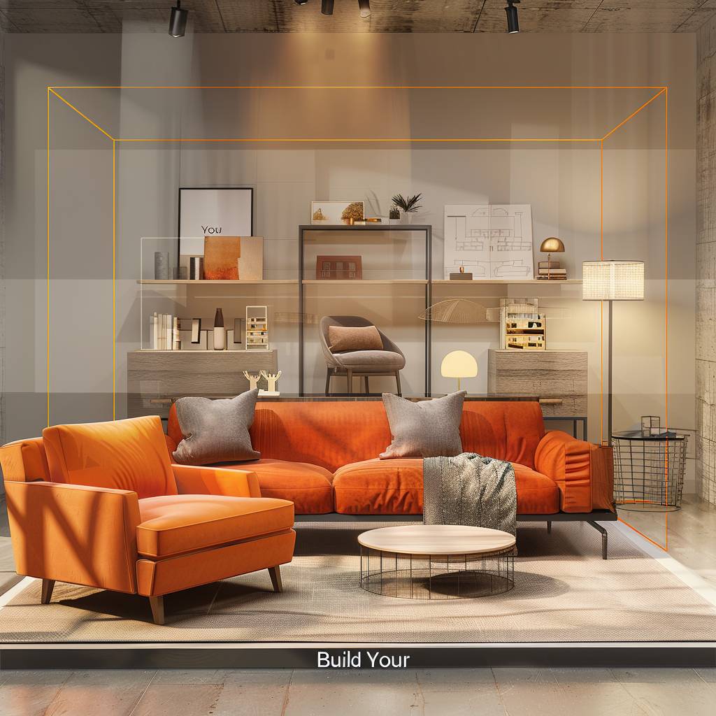 In the foreground, showcase a beautifully arranged pre-made furniture package, like a comfortable sofa, a stylish coffee table, and a coordinating armchair. In the background, depict a partially transparent digital interface (like a computer screen or tablet) hovering slightly above the furniture. This interface showcases the 'Build Your Own' functionality with various furniture pieces (lamps, ottomans, bookshelves) available for selection.