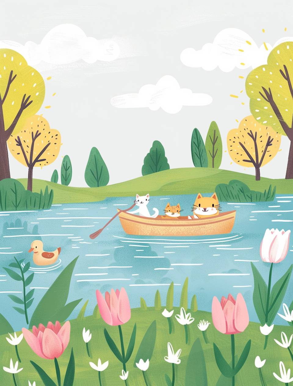 A cute cartoon illustration of some animals in the lake, green grass on both sides and trees with white clouds above them. A small boat is floating across the water with two cats sitting inside it rowing. There's one duck swimming by. The ground has pink tulips growing around it. In style of Ghibli Studio, children book illustrations, pastel colors, simple line drawings, clean lines, flat color, no shading.