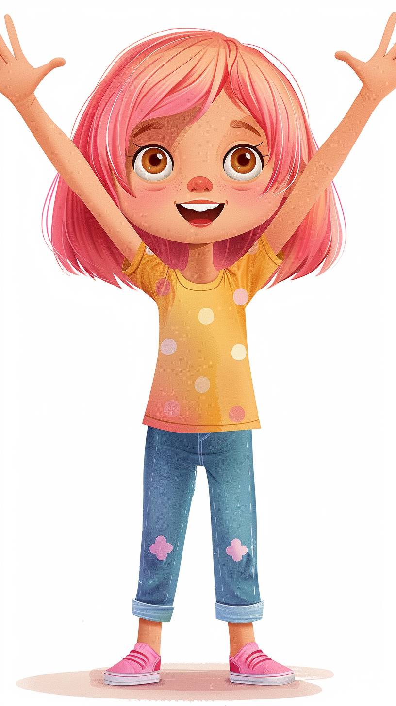The pretty girl is 3 years old, with short pink hair, brown eyes, standing with both arms raised, a full-body picture, white background, cartoon style